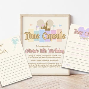 May include: A framed time capsule print with two accompanying cards. The print features the words "Time Capsule" and "Olivia's 18th Birthday" with a castle graphic. The cards read "Dear Olivia" and have lines for writing.