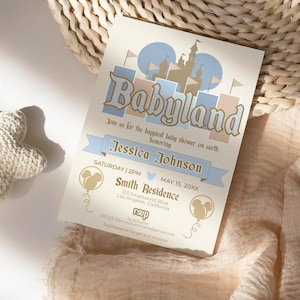 Blå Disneyland babyshower-inbjudningsset för pojkar | Lyckligaste babyshowern på jorden | Blöjlotteri | Böcker för bebisar | Babyland-inbjudan bild 4