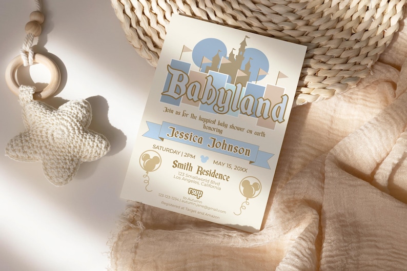 Blå Disneyland babyshower-inbjudningsset för pojkar | Lyckligaste babyshowern på jorden | Blöjlotteri | Böcker för bebisar | Babyland-inbjudan bild 4