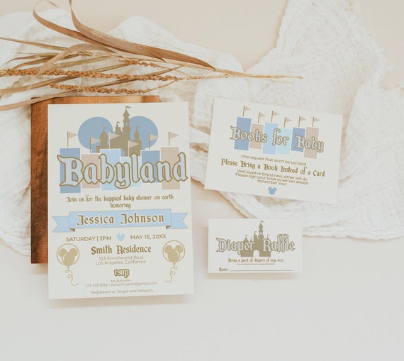 Blue Disneyland Boy Baby Shower Invitation Set | Happiest Baby Shower on Earth | Diaper Raffle | Books for Baby | Babyland Invite
