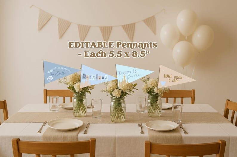 Puede incluir: Una mesa decorada con banderines de 14 x 21.6 cm, con textos como "Babyland" y "Wish upon a star". La mesa est&aacute; adornada con flores en tarros, platos y vasos. Globos blancos y una pancarta en el fondo.