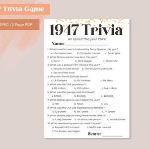 1947 Trivia | 77th Birthday Trivia Game | 77th Birthday Activity | Birthday Party | Digital Printable |  Instant Download CV1