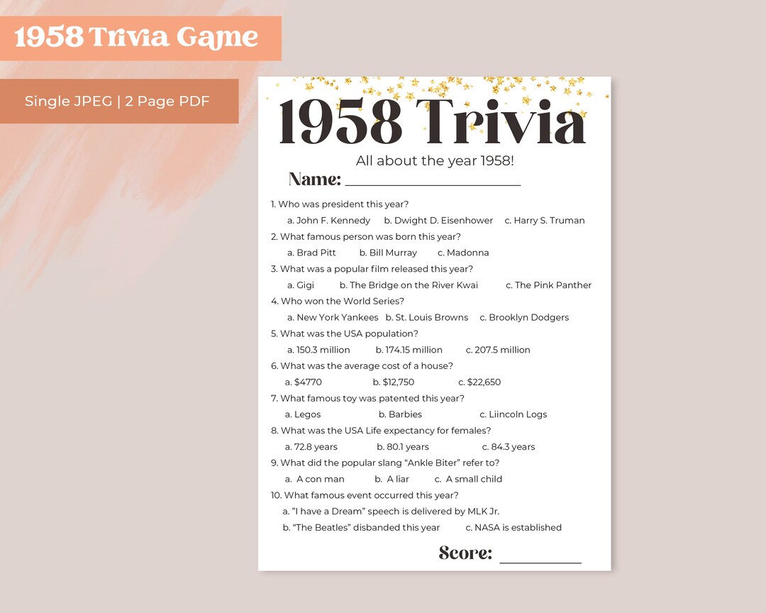 1958 Trivia | 66th Birthday Trivia Game | 66th Birthday Activity ...