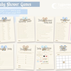 Puede incluir: Un conjunto de juegos para baby shower impresos en papel crema. Los juegos incluyen "Baby Animal", "Who Knows Mommy Best?", "Baby Shower Family Feud" y "Guess Who?". La imagen tambi&eacute;n incluye el texto "Baby Shower Games."