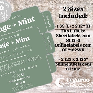 May include: Two sizes of sage and mint organic lip balm labels with tear-away tabs. The labels are green with white text and feature the text "Sage + Mint" and "Organic Lip Balm". The labels also include the text "Personalized with Corjl" and "Made in the USA".