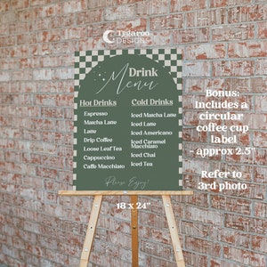 Sage Checkered Menu Sign | Coffee Drink Menu | Cup Label Customizable | 18&quot; x 24&quot; | Bohemian Minimalist Modern Retro | Baby Shower, Birthday