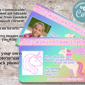 Licence personnalisée Unicorn Trainer | Licence Magical Play Kids | Carte d'identité de l'enfant | Téléchargement numérique | Photo | Modèle