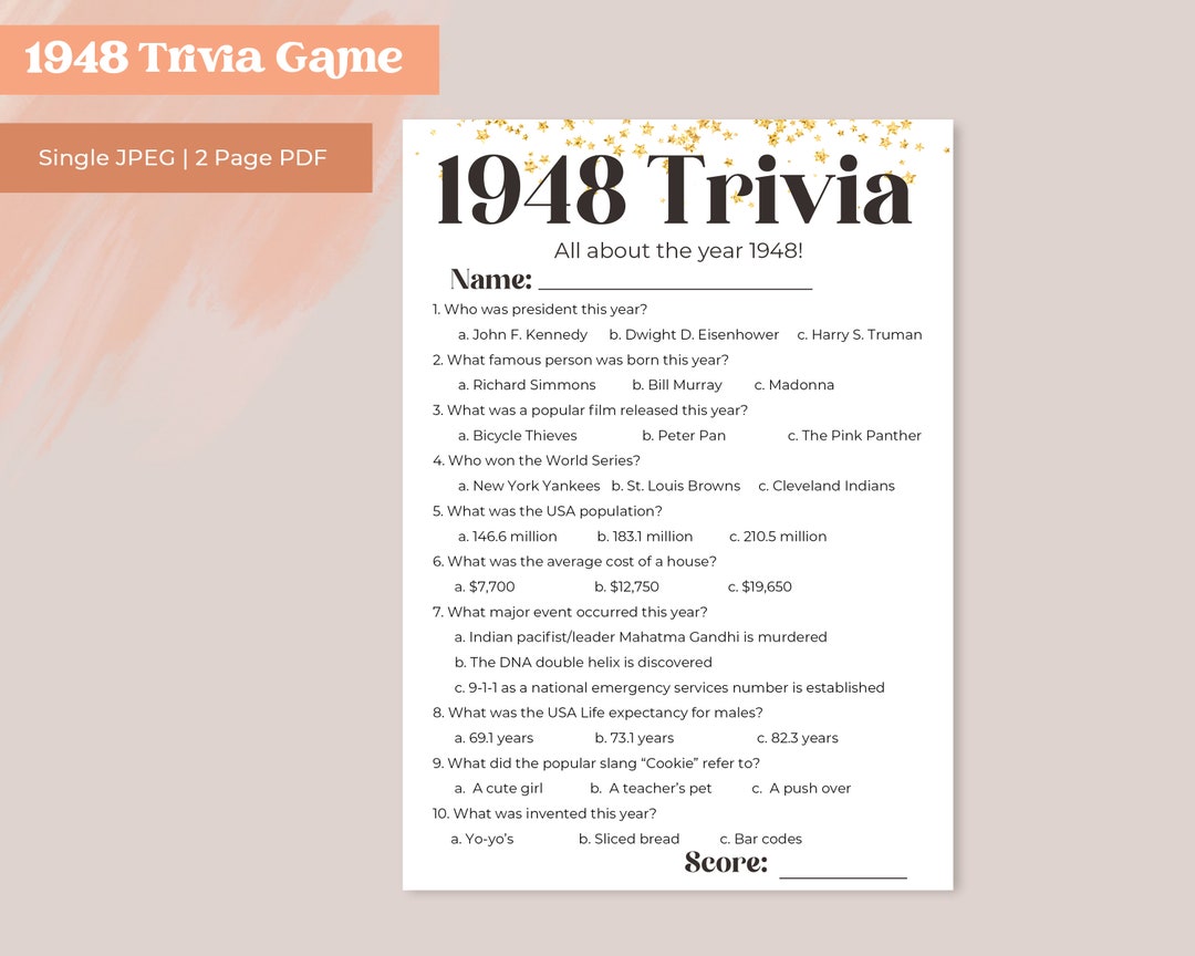 1948 Trivia | 76th Birthday Trivia Game | 76th Birthday Activity ...