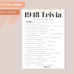 1948 Trivia | 76th Birthday Trivia Game | 76th Birthday Activity ...