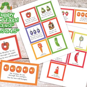 Peut inclure: &Eacute;tiquettes alimentaires color&eacute;es avec des illustrations de divers aliments tir&eacute;s d'un livre pour enfants. Les &eacute;tiquettes comprennent une pomme, des poires, des prunes, un morceau de g&acirc;teau, un cornichon, une sucette, une saucisse, etc. Les &eacute;tiquettes mesurent 7.6x7.6 cm et 6.4x11.4 cm.