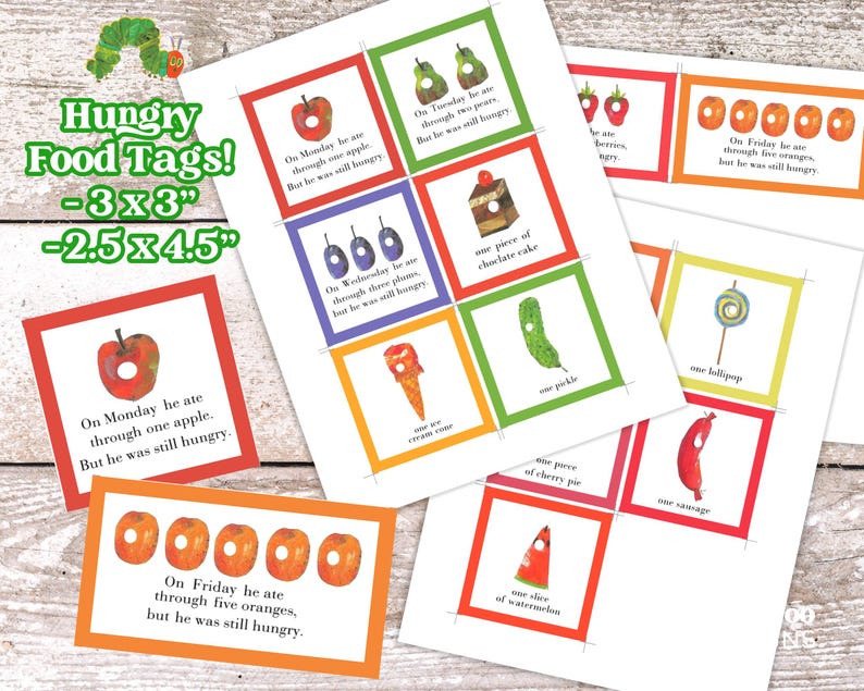 Peut inclure: &Eacute;tiquettes alimentaires color&eacute;es avec des illustrations de divers aliments tir&eacute;s d'un livre pour enfants. Les &eacute;tiquettes comprennent une pomme, des poires, des prunes, un morceau de g&acirc;teau, un cornichon, une sucette, une saucisse, etc. Les &eacute;tiquettes mesurent 7.6x7.6 cm et 6.4x11.4 cm.