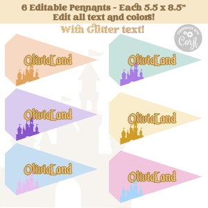 May include: Six printable pennants with a castle design and the text "Olivia Land" in gold glitter. Each pennant is 5.5 inches by 8.5 inches.