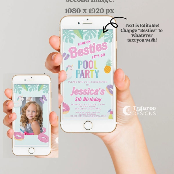 Dolly Doll Pool Party Digital Birthday Invitation | Come on Girly Let's Go Party | Pink | Evite Text Email | Photo Picture