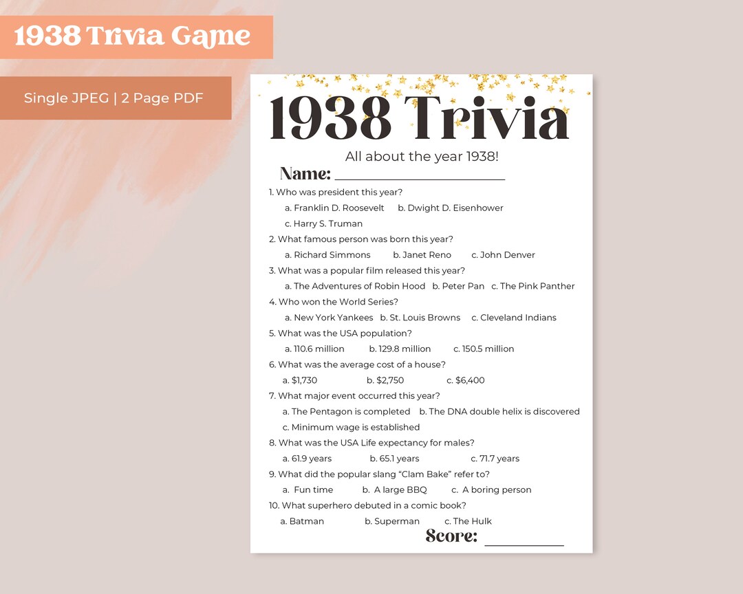 1938 Trivia | 86th Birthday Trivia Party Game | 86th Birthday Party ...