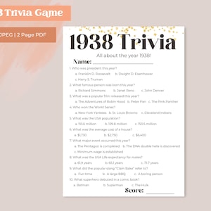 1938 Trivia | 86th Birthday Trivia Party Game | 86th Birthday Party Activity | Birthday Party | Digital Printable |  Instant Download CV1