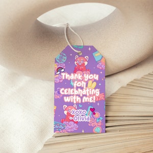 May include: Purple thank you tag with a red panda illustration, clouds, and stars. The text reads "Thank you for celebrating with me! xoxo - Olivia".