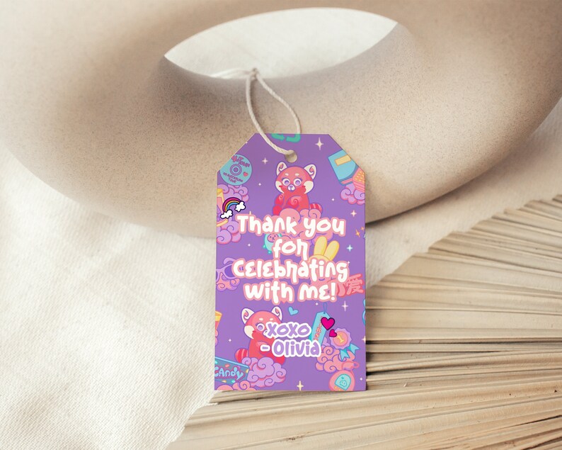 May include: Purple thank you tag with a red panda illustration, clouds, and stars. The text reads "Thank you for celebrating with me! xoxo - Olivia".