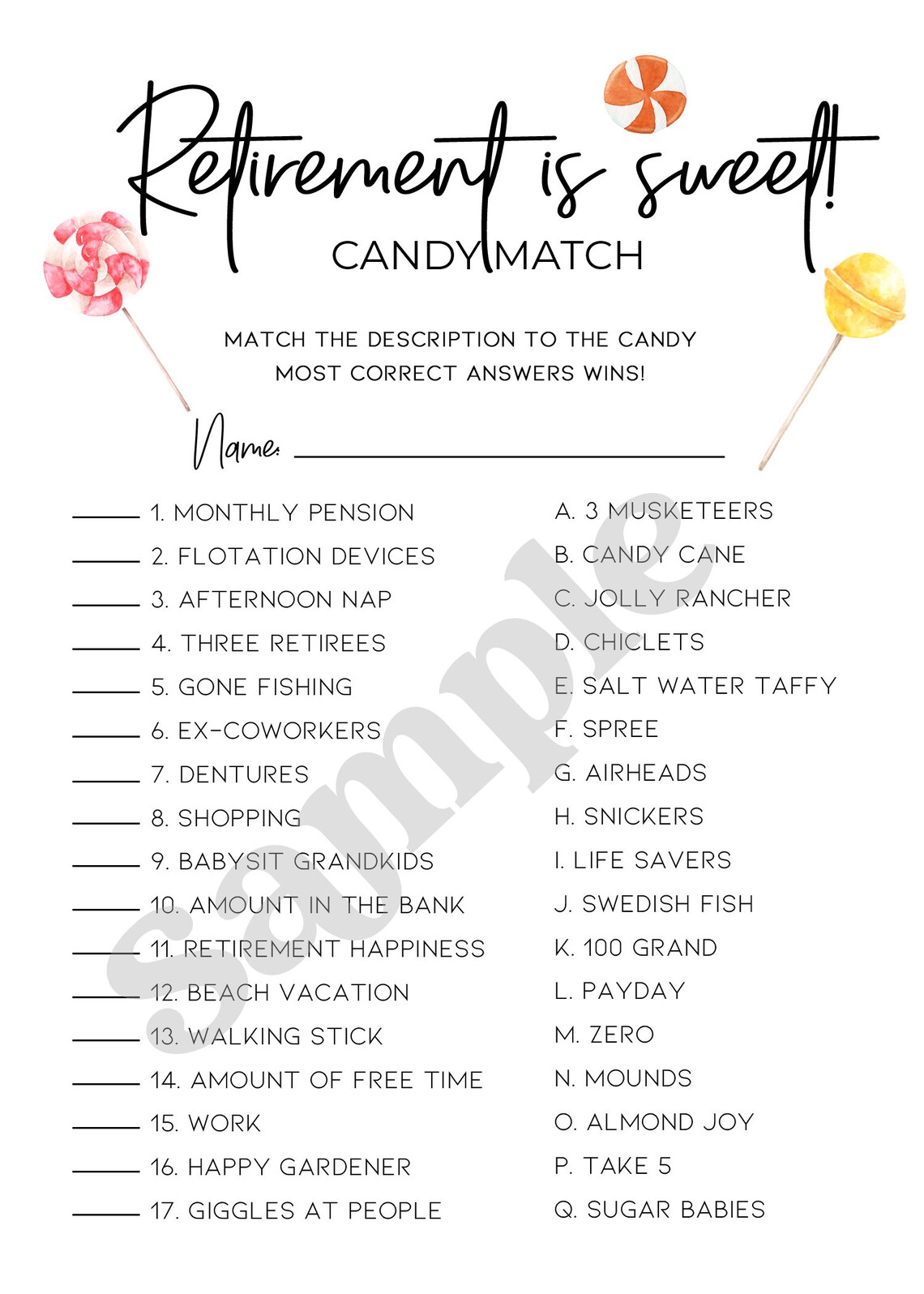 Fun Retirement Retiree Party Games Retirement Candy Match Etsy