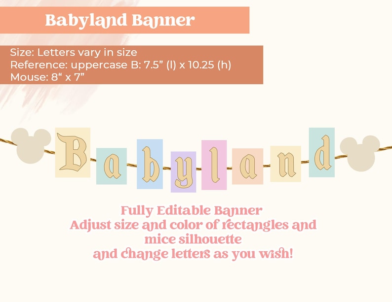 Op de afbeelding: Een printbare banner met de tekst "Babyland" in een speels lettertype. De banner is versierd met pastelkleurige rechthoeken en twee muis-silhouetten. De tekst "Volledig bewerkbare banner" staat onder de banner, samen met instructies om de grootte en kleur van de rechthoeken en muis-silhouetten aan te passen en de letters naar wens te wijzigen.