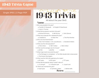 1943 Trivia | 81st Birthday Trivia Game | 81st Birthday Activity | Birthday Party | Digital Printable |  Instant Download CV1