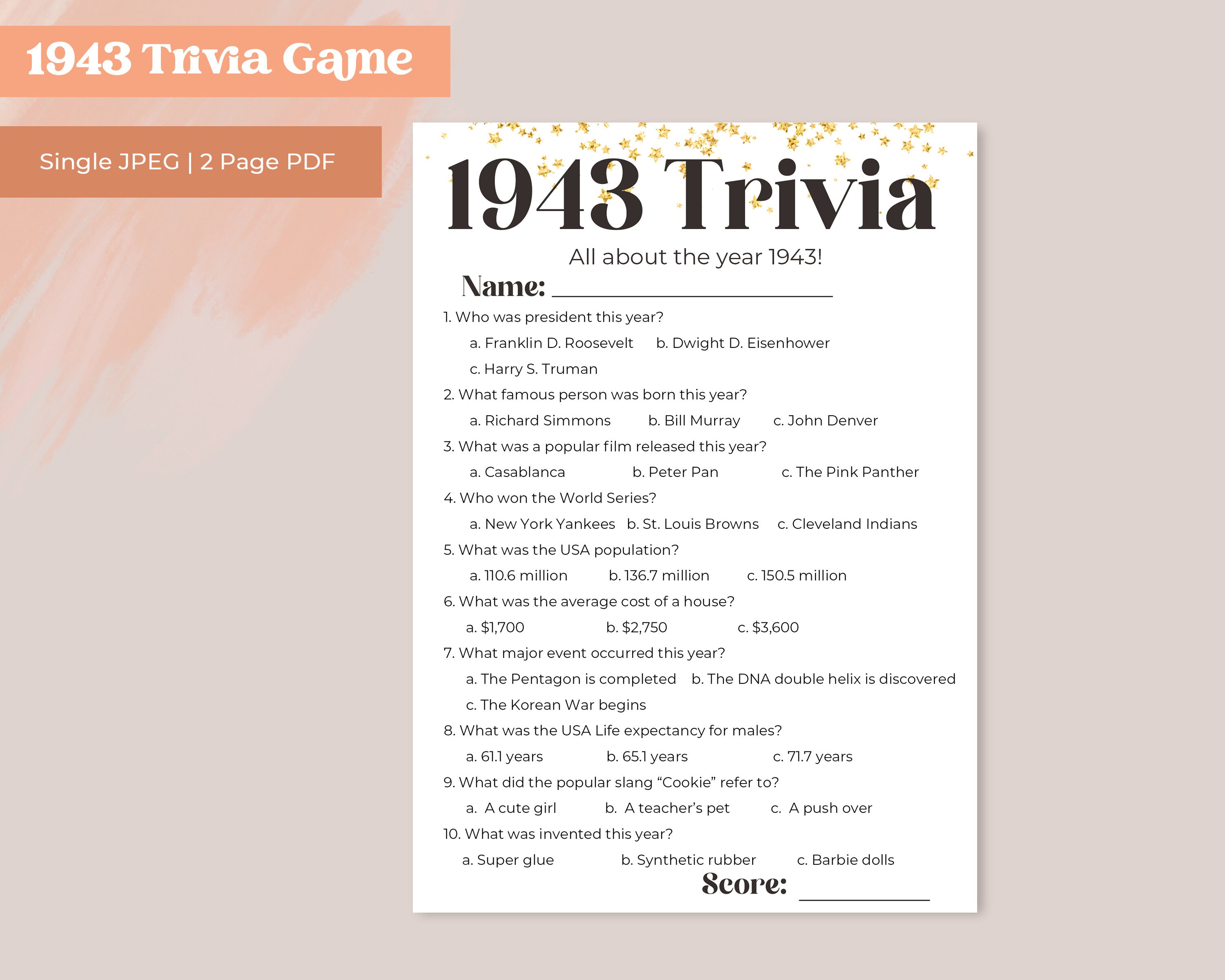 1943 Trivia Questions and Answers Printable