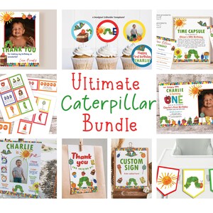 Peut inclure: Un ensemble de d&eacute;corations de f&ecirc;te et de papeterie imprimables sur le th&egrave;me de la chenille color&eacute;e. Comprend des invitations, des cartes de remerciement, des d&eacute;corations de cupcakes et une banni&egrave;re. Le texte "Ultimate Caterpillar Bundle" est affich&eacute;.