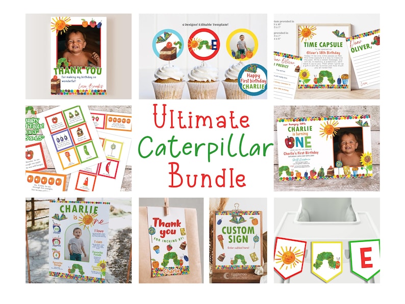 Peut inclure: Un ensemble de d&eacute;corations de f&ecirc;te et de papeterie imprimables sur le th&egrave;me de la chenille color&eacute;e. Comprend des invitations, des cartes de remerciement, des d&eacute;corations de cupcakes et une banni&egrave;re. Le texte "Ultimate Caterpillar Bundle" est affich&eacute;.