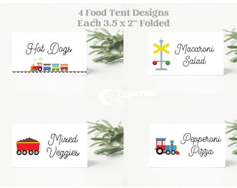 May include: Four printable food tent designs featuring a train theme. The designs include hot dogs, macaroni salad, mixed veggies, and pepperoni pizza. Each tent measures 3.5 inches by 2 inches when folded.