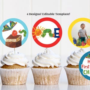 Hongerige rups-cupcaketopper | Bewerkbaar | Wijzigen voor elke leeftijd