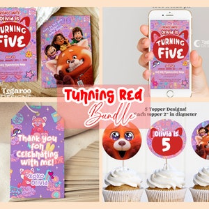 May include: Turning Red party printable bundle with five different designs. The designs feature a red panda, the text "Olivia is 5", and a group of friends. Each topper is 2 inches in diameter.