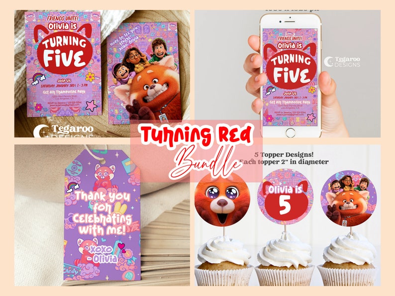 May include: Turning Red party printable bundle with five different designs. The designs feature a red panda, the text "Olivia is 5", and a group of friends. Each topper is 2 inches in diameter.