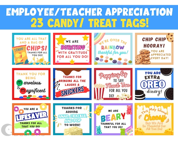 23 Teacher Employee Appreciation Tags | Candy Bar Gift Tag | Treat Tags | Employee Treat Award | Teacher Gift | Staff Appreciation Day