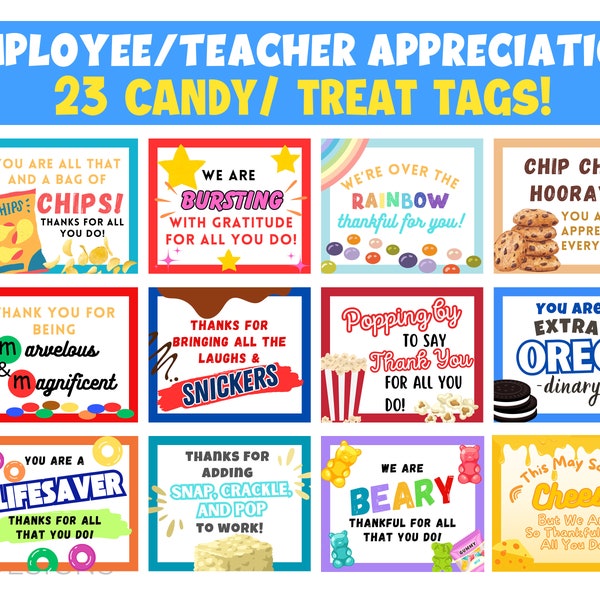 23 Teacher Employee Appreciation Tags | Candy Bar Gift Tag | Treat Tags | Employee Treat Award | Teacher Gift | Staff Appreciation Day