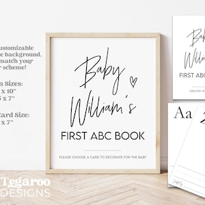 Puede incluir: Un cartel imprimible para el primer libro ABC de un bebé. El cartel es blanco con texto negro que dice "Baby William's First ABC Book". El cartel también incluye un pequeño símbolo de corazón. El cartel mide 20,3 cm por 25,4 cm o 12,7 cm por 17,8 cm.