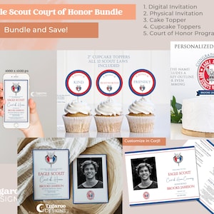 May include: An Eagle Scout Court of Honor bundle featuring a digital invitation, physical invitation, cake topper, cupcake toppers, and a Court of Honor program. The design includes the text "Eagle Scout Court of Honor" and "Bundle and Save!"