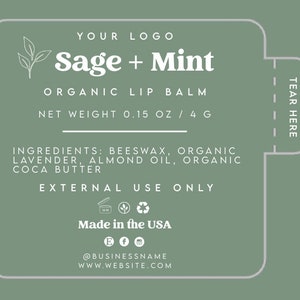 May include: Sage + Mint Organic Lip Balm label with a green background and white text. The label includes the ingredients, net weight, and instructions for use. It also includes the company's social media handles and website.