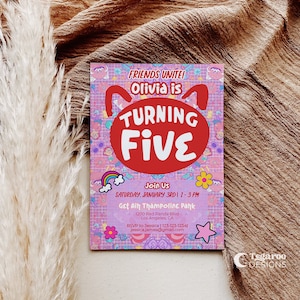 May include: Pink and purple birthday party invitation with a cartoon bear head. The text reads "Friends Unite! Olivia is Turning Five" and includes details for a trampoline park party on January 3rd from 1-3 PM.