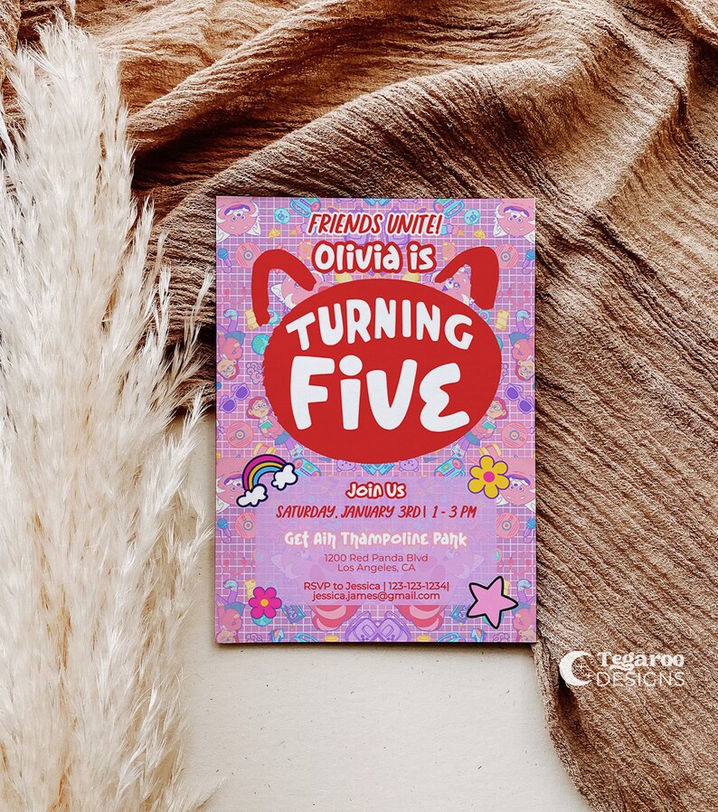 May include: Pink and purple birthday party invitation with a cartoon bear head. The text reads "Friends Unite! Olivia is Turning Five" and includes details for a trampoline park party on January 3rd from 1-3 PM.