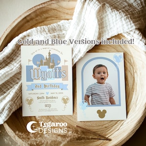 Disneyland Retro Geburtstagseinladung Junge blau | Alles Gute zum Geburtstag auf Erden | BTW Einladung | Micky Minnie Foto-Einladung | Druckbar