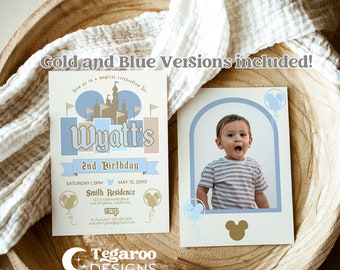 Blue Disneyland Boy Retro Birthday Invitation | Happiest Birthday on Earth | WDW invitation | Mickey Minnie Photo Invitation | Printable