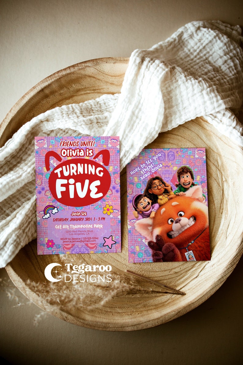 May include: A pink and purple birthday invitation with a red panda cartoon character. The invitation says "Friends Unite! Olivia is Turning Five" and includes details for a birthday party at a trampoline park.