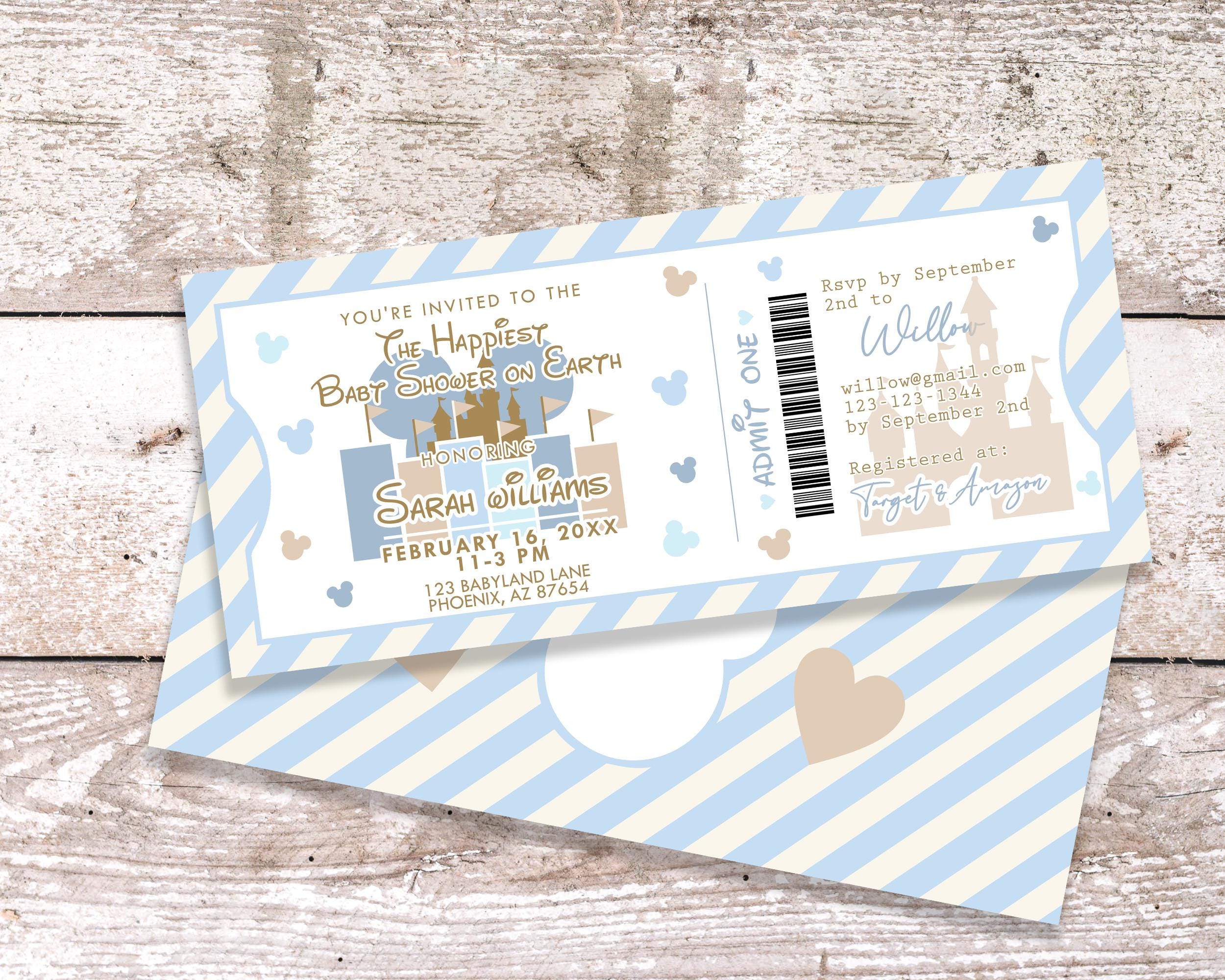 Blue Disneyland  Baby Shower Ticket Invite Set | Invitation | Happiest Baby Shower on Earth | Diaper Raffle | Books for Baby | Template