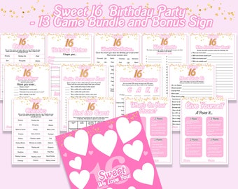 Sweet 16  Birthday Games and Message Sign , 16th Birthday, Teen Girl Birthday Games, Sixteen Girl Birthday Activity, Instant Download