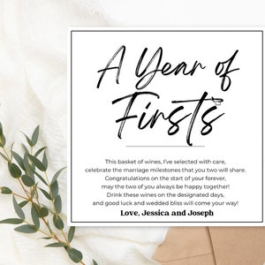 Basket of Marriage Milestone Wine Note | Wine Tag Labels | Year of Firsts | Unique Present | Editable PDF | Instant Download