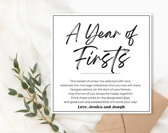 Basket of Marriage Milestone Wine Note | Wine Tag Labels | Year of Firsts | Unique Present | Editable PDF | Instant Download