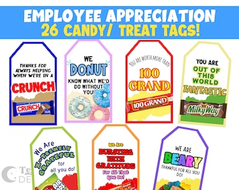 26 Employee Appreciation Tags | Candy Bar Gift Tag | Treat Tags | Employee Treat Award | Teacher Gift | Staff Colleague Appreciation Day