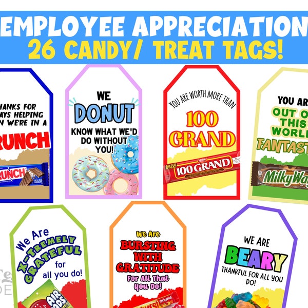 26 Employee Appreciation Tags | Candy Bar Gift Tag | Treat Tags | Employee Treat Award | Teacher Gift | Staff Colleague Appreciation Day