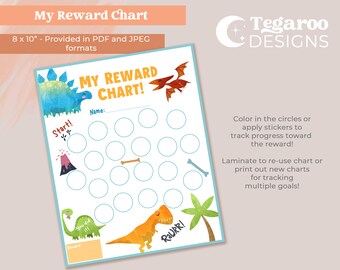 May include: A printable dinosaur-themed reward chart with 18 circles to colour in or add stickers. The chart features a blue dinosaur, a red pterodactyl, a volcano, a bone, a palm tree, and a yellow dinosaur. The text on the chart reads "My Reward Chart!" and "Start!" and "You did it!" and "RaWRR!"