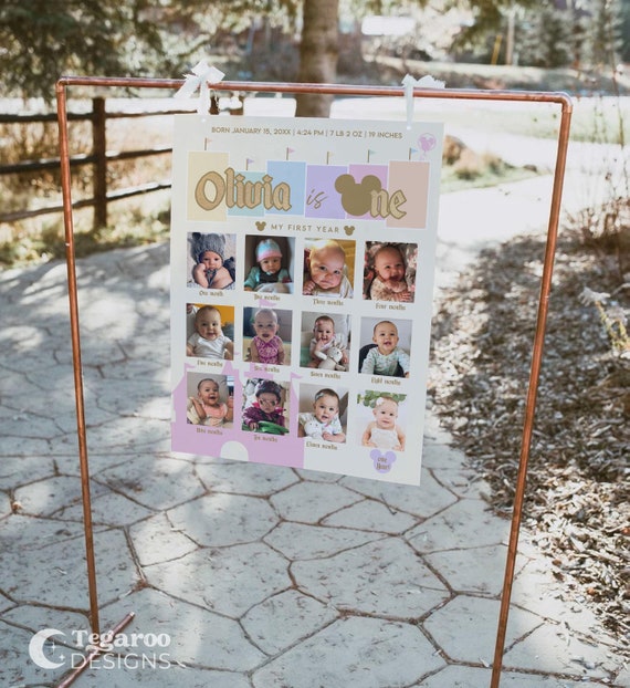 Disneyland First Birthday Photo Poster | First Year Poster| Baby's First Year | Year in Photos | Girl Birthday | Pastel Rainbow