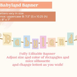 Pode incluir: Uma faixa imprim&iacute;vel com o texto "Babyland" em uma fonte caprichosa. A faixa &eacute; decorada com ret&acirc;ngulos em cores pastel e duas silhuetas de rato. O texto "Faixa totalmente edit&aacute;vel" est&aacute; abaixo da faixa, junto com instru&ccedil;&otilde;es para ajustar o tamanho e a cor dos ret&acirc;ngulos e das silhuetas de rato, e para mudar as letras ao seu gosto.
